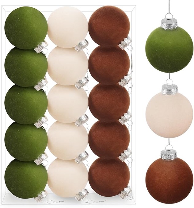Annecy 15 PCS Velvet Christmas Tree Ornaments - 3.15 Inch Plastic Flocked Christmas Ball Ornaments Set for Xmas Tree, Holiday, Wreath & Party Decorations (Green, Brown, Beige)