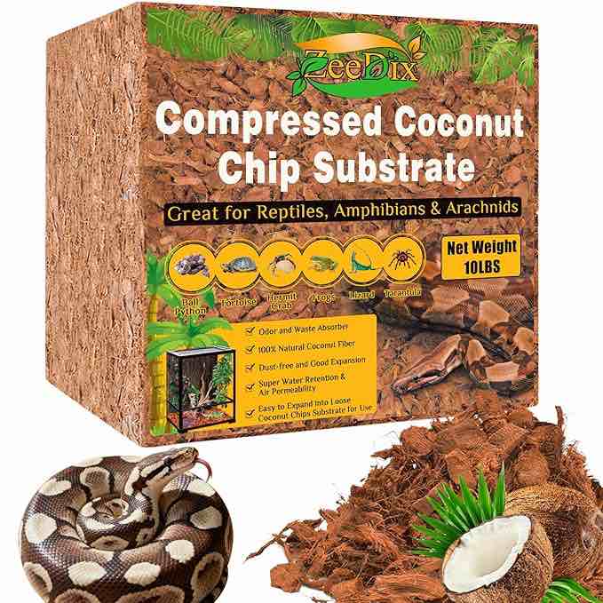 Chips Substrate for Reptiles, 72 Quart Coconut Fiber Husk Substrate Mulch Coco Chips Bricks Reptiles Bedding for Geckos, Lizards, Tortoises, Ball Python, Frogs