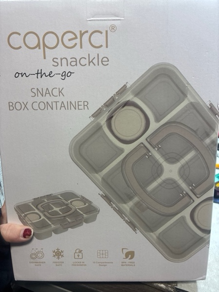 Condition photo showing New/Like New for Caperci Original Snackle Box Container - 10-Compartment Divided Snack Serving Tray with Lid & Handle, 2 Dressing Containers, Perfect for Picnic, Leak-Proof, Dishwasher Safe, BPA-Free (Cream)