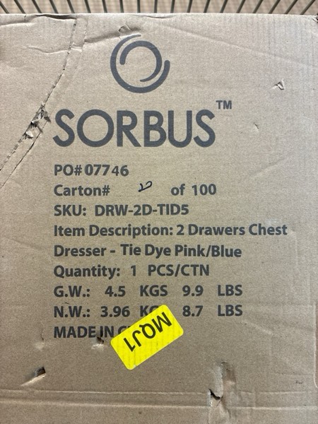 Condition photo showing New/Like New for Sorbus Kids Dresser with 2 Drawers - Storage Chest Organizer Nightstand - Steel Frame, Wood Top, Tie-Dye Fabric Bins for Clothes - Wide Furniture for Bedroom, Hallway, Nursery, Closet, & Apartment Watercolor 2 Drawer