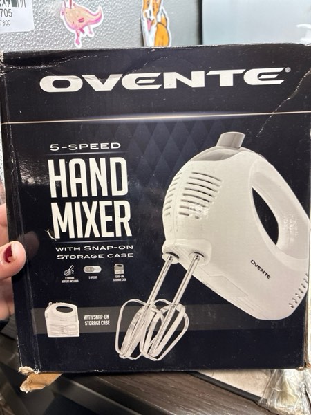 Condition photo showing New/Like New for OVENTE Portable 5 Speed Mixing Electric Hand Mixer with Stainless Steel Whisk Beater Attachments & Snap Storage Case, Compact Lightweight 150 Watt Powerful Blender for Baking & Cooking, White HM151W