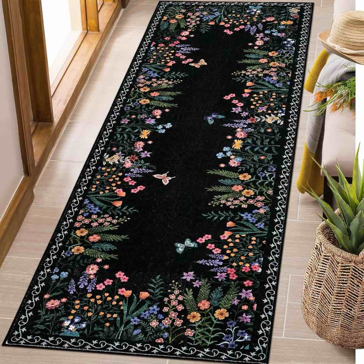 Washable Rugs, Living Room Rug, Non-Slip Soft Floral Rugs for Bedroom, Botanical Area Rug Carpet for Dining Room Guest Room