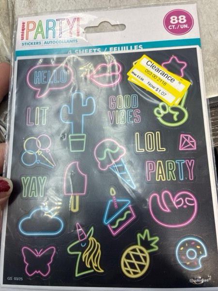 Condition photo showing New/Like New for 4ct Sticker Sheets Party Favors Neon/Black: Unique Industries Kids Neon Party Supplies, Dollar Section, 88 Pack