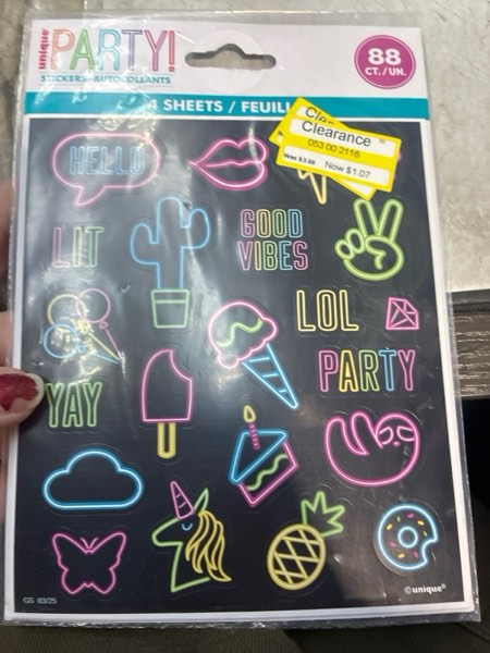 Condition photo showing New/Like New for 4ct Sticker Sheets Party Favors Neon/Black: Unique Industries Kids Neon Party Supplies, Dollar Section, 88 Pack