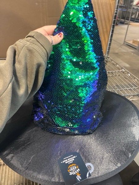 Condition photo showing New/Like New for Adult Iridescent Sequin Witch Hat Costume Headwear - Hyde and EEK! Boutique™ Green