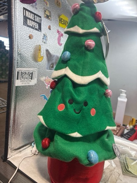 Condition photo showing New/Like New for 18.8" Battery Operated Animated Plush Dancing Christmas Tree Sculpture - Wondershop™: Smiley Face, Pompoms, Star Topper