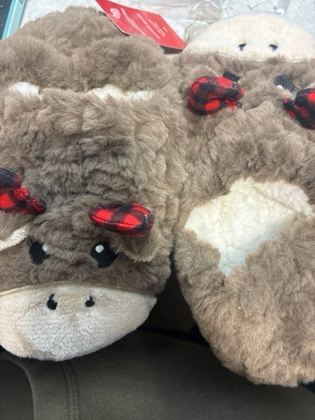 Condition photo showing New/Like New for Women's Holiday Moose with 3D Antlers Christmas Faux Fur Slipper Socks with Grippers - Wondershop™ Brown M/L