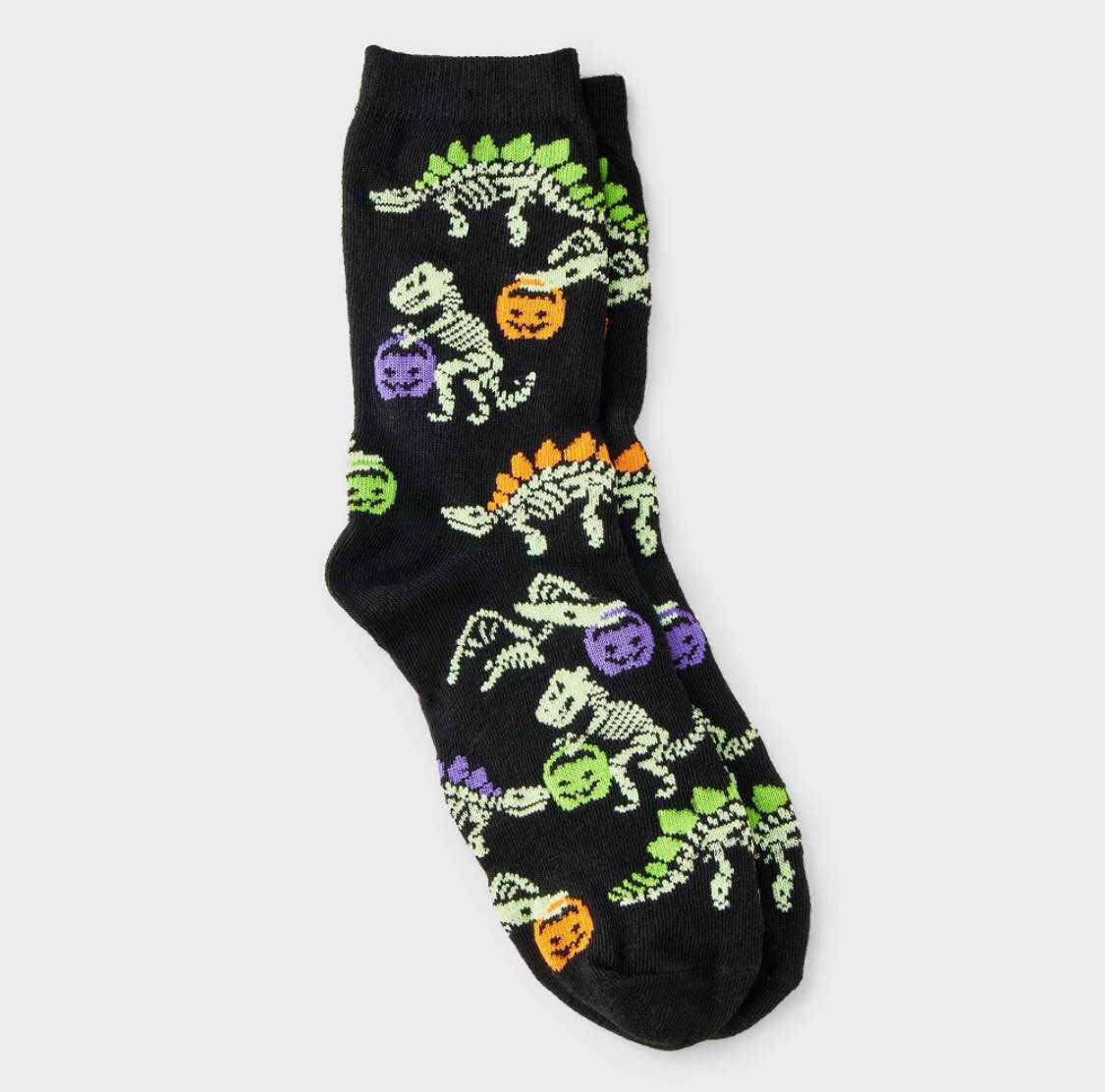 Condition photo showing New/Like New for Women's Glow-in-the-Dark Trick-or-Treat Dinosaur Halloween Crew Socks - Hyde and EEK! Boutique™ Black 4 - 10