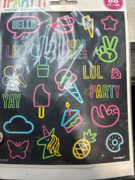 Condition photo showing New/Like New for 4ct Sticker Sheets Party Favors Neon/Black: Unique Industries Kids Neon Party Supplies, Dollar Section, 88 Pack