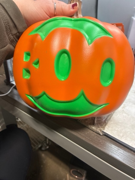 Condition photo showing New/Like New for 9" Lit Pumpkin Boo Halloween Decorative Prop with Timer - Hyde and EEK! Boutique™