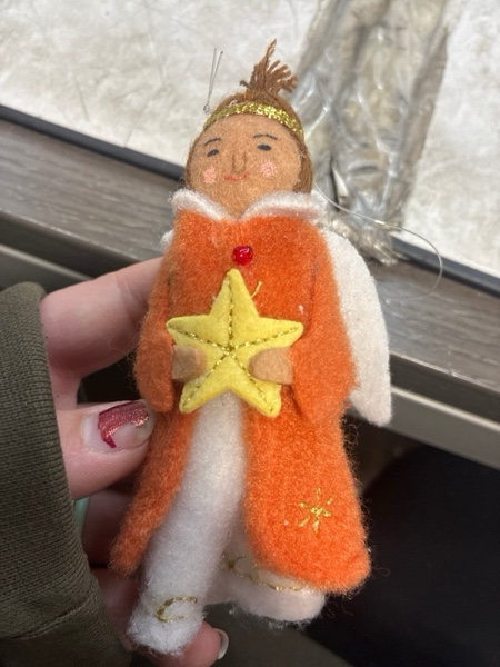 Condition photo showing New/Like New for Fabric Angel in Orange Coat Holding Star Christmas Tree Ornament - Wondershop™: Indoor Decoration, 4.5" Holiday Theme