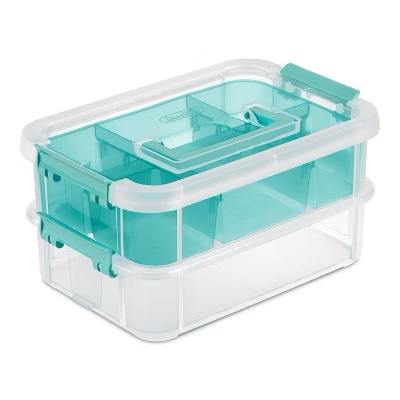 Sterilite Stack & Carry 2 Tray Handle Box Organizer: Plastic, Stackable, Portable, Universal Storage, Clear,