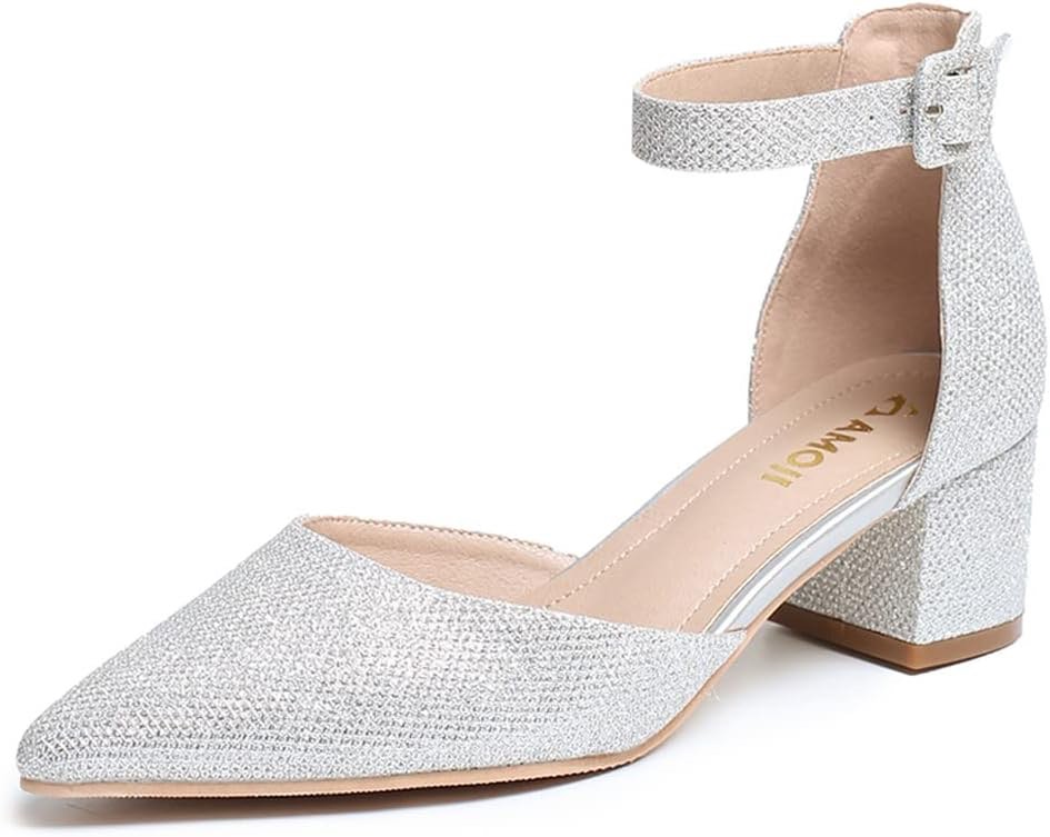 (Size 37) Amoji Women's 2 inch Pumps Pointed Toe Block Heels Dress Shoes with Ankle Strap 412