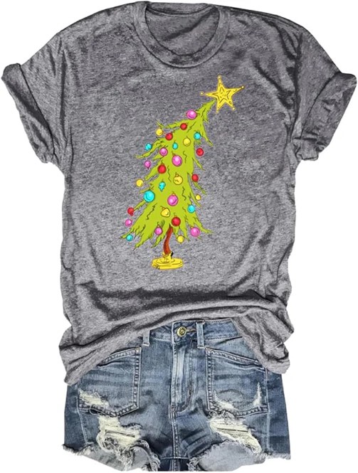 (Size XXL) Beopjesk Christmas Shirts Womens Leopard Plaid Trees Printed Casual Short Sleeve Graphic Tees Tops(722-Tree-Grey) 