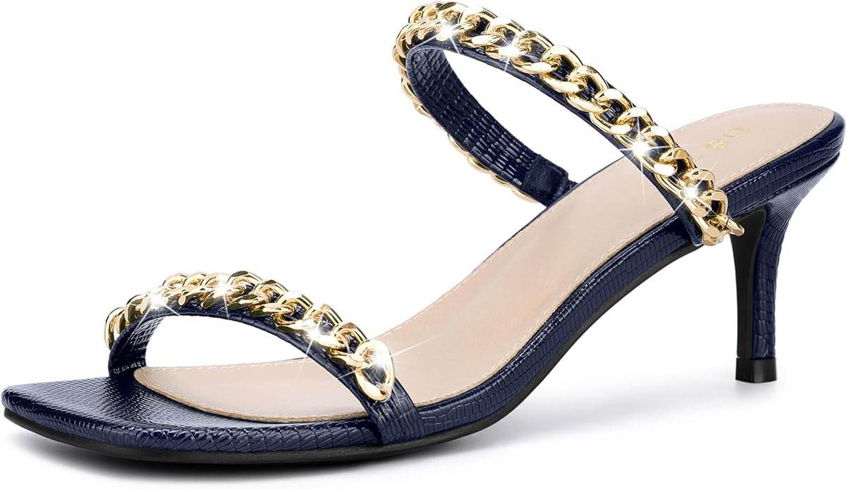 (Size 6) Perphy Snakeskin Square Toe Chain Stiletto Heels Slide Sandals for Women