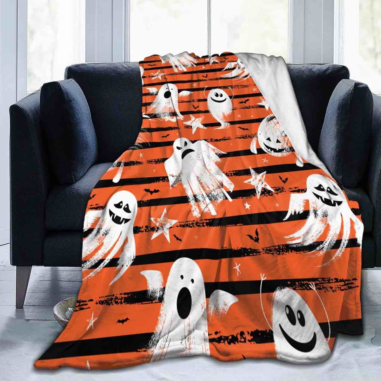Halloween Blanket Flannel Blanket Cartoon Ghost Black Orange Stripes Soft Plush Throw Blanket for Bed Couch Chair (Orange, Throw 60"x80")
