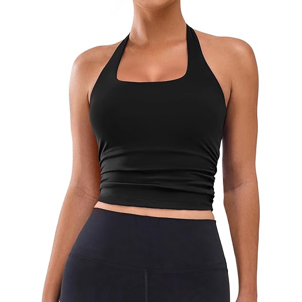 BMJL Women's Workout Tank Top Built in Bra Removable Pad Racerback Athletic Gym Yoga Camisole Smocked Neck Cropped Top