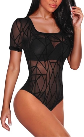 JomeDesign Bodysuit for Women Sexy Jumpsuit Sheer Mesh Bodysuit Tops 2XL