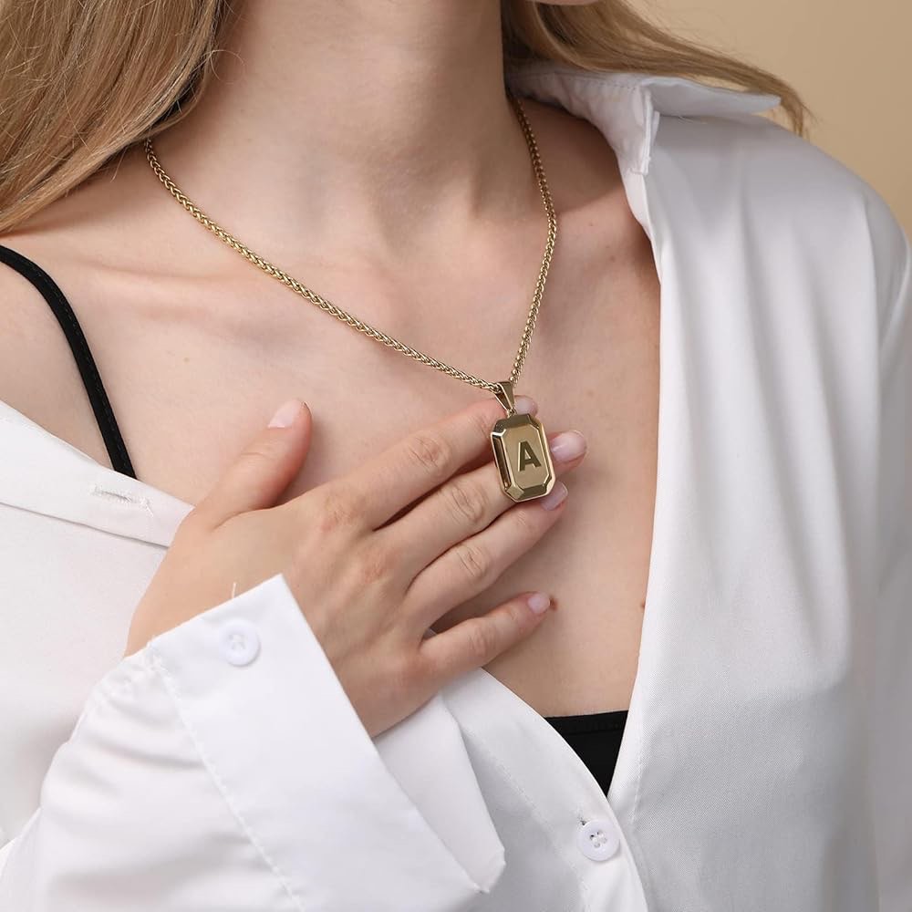 Miss Chipmunk Initial A Necklace for Men Boys, Stainless Steel Gold Square Letter Chain for Men, Wheat Chain 50+5cm, Alphabet Monogram Dog Plate Necklaces Jewelry