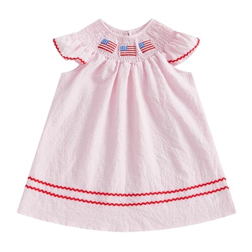 Girls 4th of July Outfit Cute Flying Sleeve Flag Smocked Embroidery Party A-line Plaid Dress