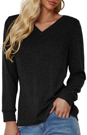 MarryUP Women’s Spring Tunic Long Sleeve Sweaters Casual V-neck Sweatshirts for Women Lightweight Fashion Trendy Tops 2025 Black L