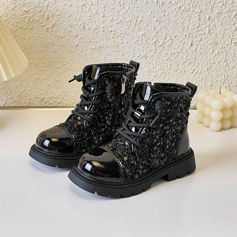 Glitter Ankle Boots Lace up Waterproof Combat Shoes Sequin Side Zipper Fall Winter Dress Booties Black - 29