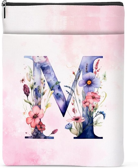 Initial Book Sleeve Book Cover Personalized Floral Book Protector with Zipper Bachelorette Party Bridal Shower Graduation Birthday Monogrammed Gifts for Women Friends Girls Book Lovers Gifts, M