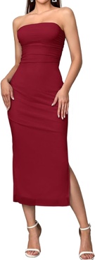 (Size L) KUTUMAI Women Strapless Bodycon Maxi Dress Tube Top Side Slit Long Formal Wedding Guest Dresses 2024
