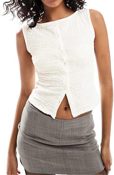 (Size XL) Womens Sleeveless Button Down Tank Tops in Textured Ivory Casual Round Neck Slim Fit Vest Shirt