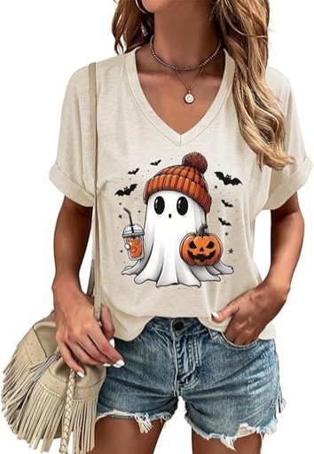 Butovek Women Fall Halloween V Neck Shirt Thanksgiving Graphic Short Sleeve Tee Autumn Holiday Family Matching Tops - XL
