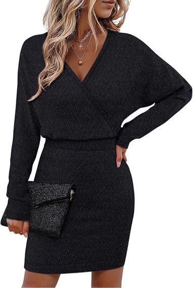 Womens Sexy V Neck Batwing Sleeve Sparkly Cocktail Party Sweater Dresses Holiday Bodycon Midi Dress - Large