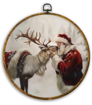 JUIOEIU Vintage Winter Christmas Santa Reindeer Round Wall Decor, Rustic Christmas Framed Canvas Prints, Winter Snowy Forest Xmas Santa Deer Wall Art Hanging Decorations for Home Bedroom Room Decor, 10x10in