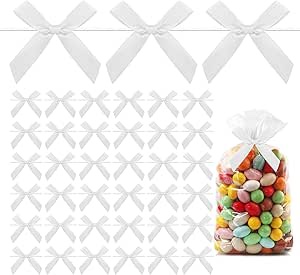 Christmas Twist Tie Bows 50 Pcs Small Bows for Treat Bags Christmas Mini White Bows for Gift Wrapping Mini Satin Ribbon Pretied Bows Twist Tie Bows Premade Tiny Bows for Gift DIY Cookie Candy Bags