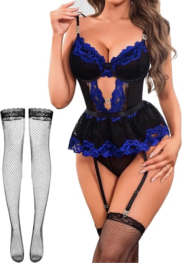 (Small) Alrovetoney Women Lingerie Set Naughty Lace Bodysuit High Waisted Underwire Lingerie Babydoll With Garter Belt and Stockings
