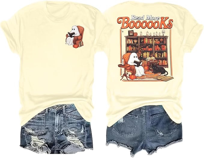 (Medium) Halloween Teacher Shirts Women Spooky Teachers T-Shirt Cute Ghost Pumpkin Graphic T Shirt Teach My Boo Reading Tops