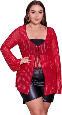 (5X-Large) WDIRARA Women's Plus Size Deep V Neck Tie Front Flounce Long Sleeve Sequin Mesh Party Top