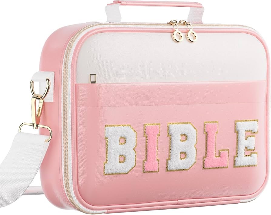 IVGHV Bible Cover Case for Women, Large Leather Letter Bible Bag Book Cover with Handle&Shoulder Strap for Study Accessories Bible Journaling, Cute Church Tote Bags Christian Gifts for Girls (Pink, L)
