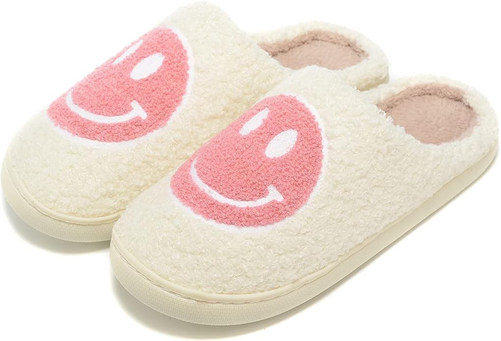 Retro Fuzzy Face Slippers for Women Men, Retro Soft Fluffy Warm Home Non-Slip Couple Style Casual Smile Face Slippers Indoor Outdoor Anti-Skid Warm Cozy Foam Slide Fuzzy Slides with Soft Memory Foam Shoes