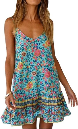 Qearal Floral Printed Dress Summer Sleeveless Adjustable Strap