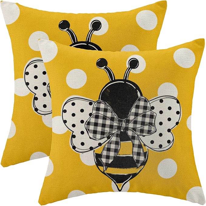 Gohdiwh Summer Pillow Covers 18x18 Bee Polka Dot Decorative Yellow Throw Pillow Covers Linen Cute Farmhouse Pillow Covers for Sofa Couch Outdoor Decoration