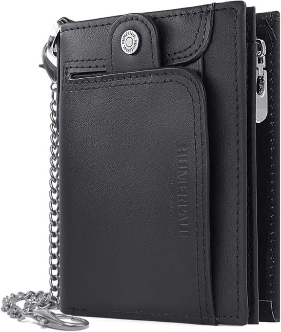 humerpaul chain wallet for men, genuine leather bifold wallets rfid blocking men purse with zipper coin pocket (black)