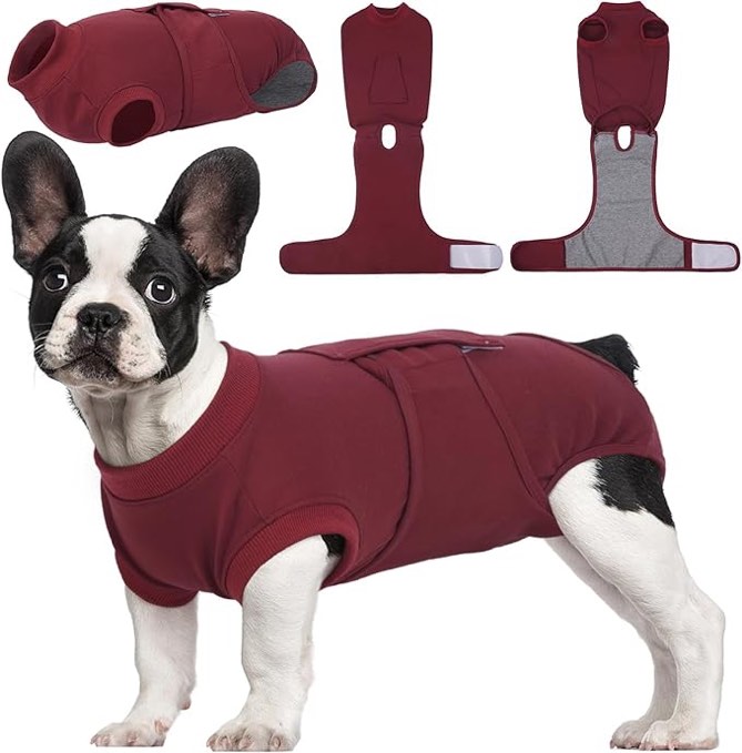 Kuoser Recovery Suit for Dogs Cats After Surgery, Professional Pet Recovery Shirt Dog Abdominal Wounds Bandages, Substitute E-Collar & Cone,Prevent Licking Dog Onesies Pet Surgery Recovery Suit S (Back:11.4-13.4'', Weight:7-15 LB) Wine Red