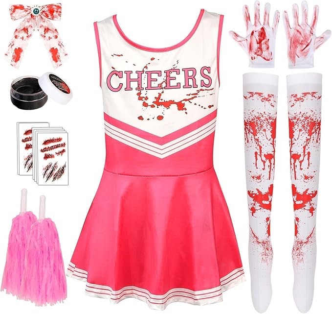 (Large) Halloween Zombie Cheerleader Costume Set Pantyhose Poms Stickers Fake Blood Gel Gloves Bow Hairpin Halloween Party