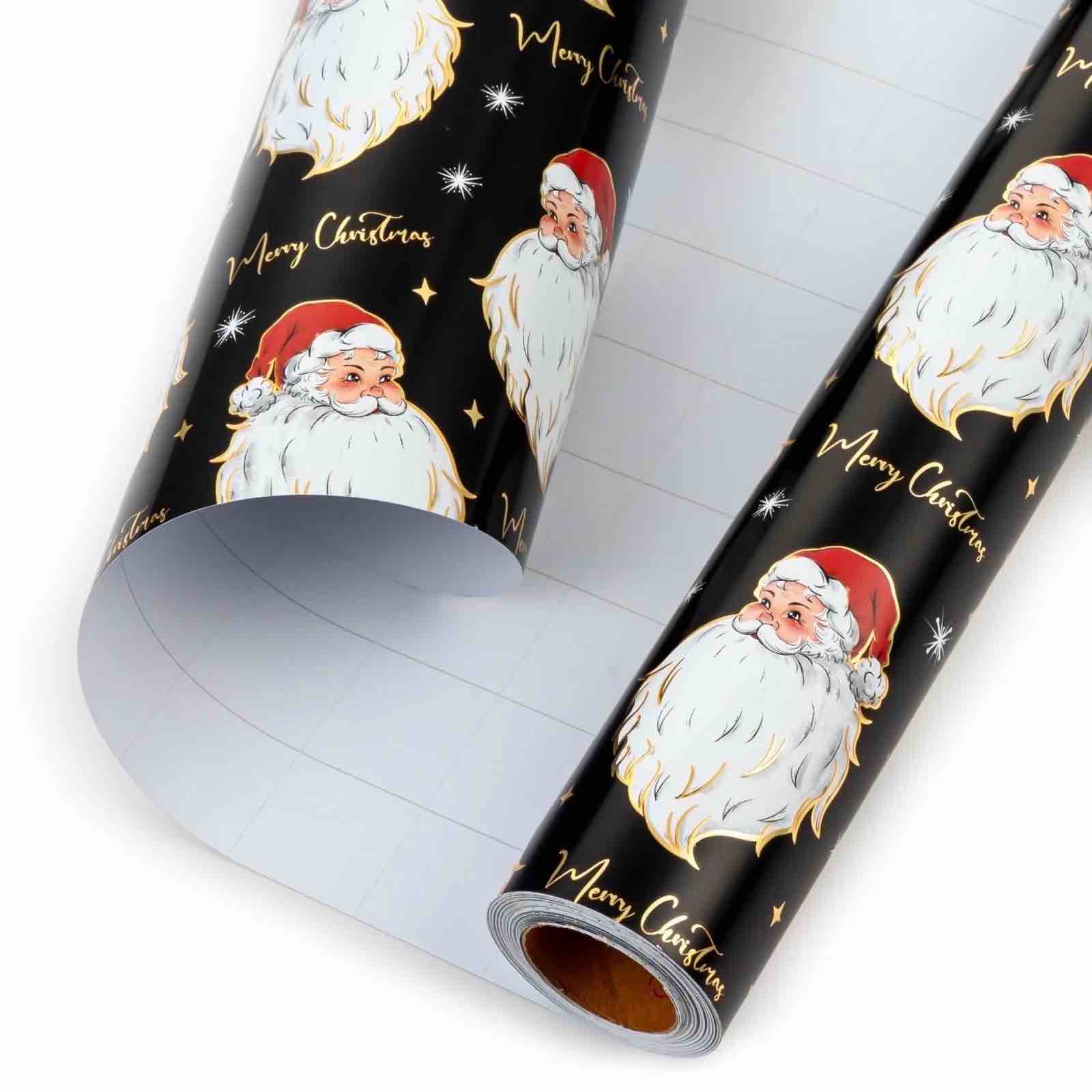 Christmas Wrapping Paper Roll - Black Gift Wrap with Santa Claus' Head and "Merry Christmas" Letter - Perfect for Christmas 