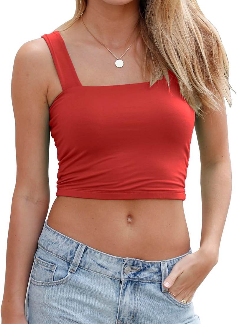 Abardsion Women's Sexy Sleeveless Skinny Basic Strappy Crop Tank Tops (Red, Small)