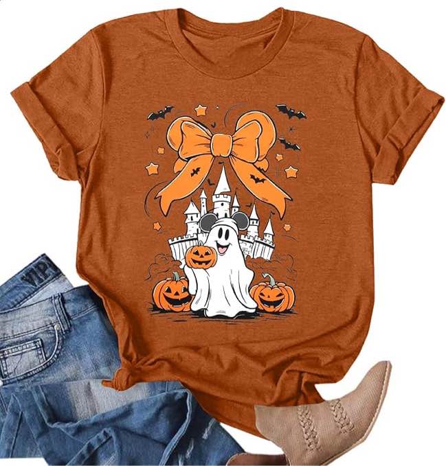 (X-Large) Halloween Shirt for Women Magic Bow Shirts Spooky Season Tshirt Pumpkin Graphic Vacition Short Sleeve Tops