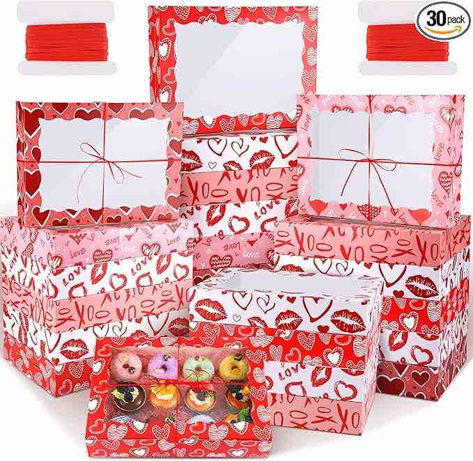 30 pack valentines day cookie treat boxes 14 x 10 x 2.5 inches valentine bakery box with window ribbon heart gift boxes candy cupcake containers for wedding valentine doughnut holiday pastries (30)