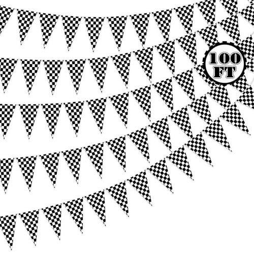 100 FT Race Car Party Decorations, Pre-assemble Checkered Flag Banner, Large Plastic Hanging Pennant Banner Flags String Double-sided Black and White Checkered Decor Racing Theme Party Supplies