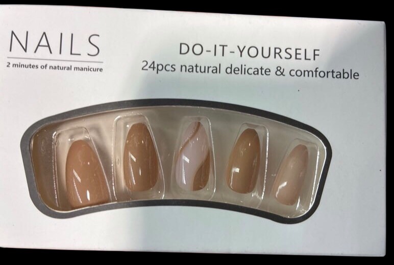 MISUD Press on Nails - Medium Almond Glue on Nails with Fall Brown, Acrylic Autumn Swirl Design 24 pcs