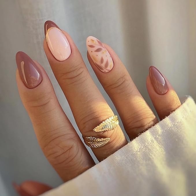 misud press on nails - medium almond fake nails with fall wine red, acrylic autumn leaf design 24 pcs